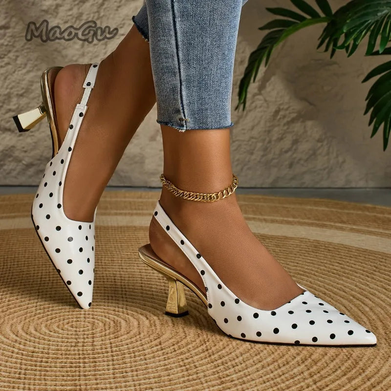 White Polka Dot Slingback Kitten Heel Pumps for Women