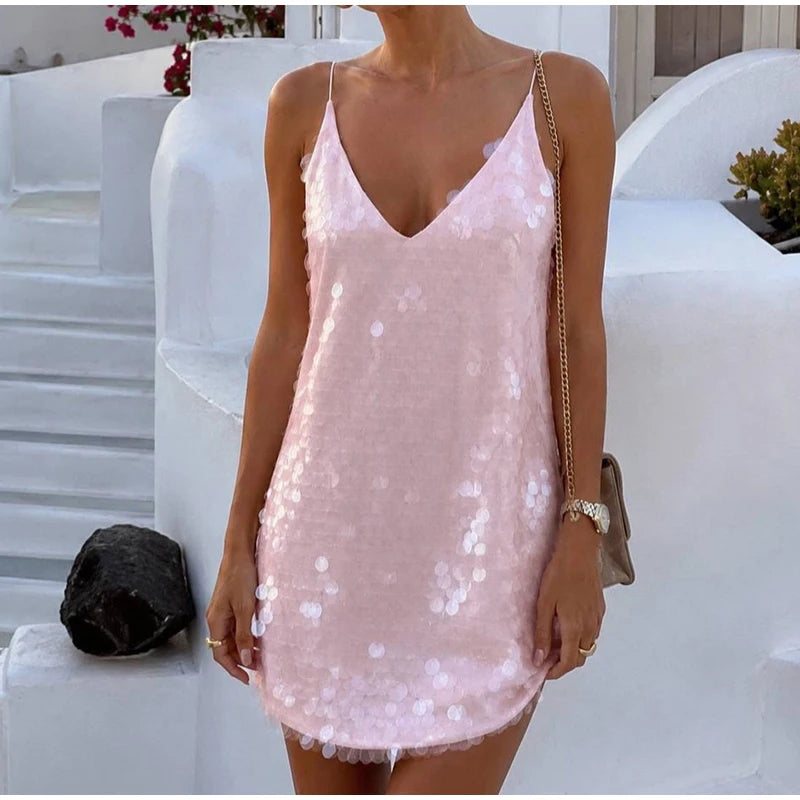 Chic Sequin Deep V Neck Backless Mini Dress For Women
