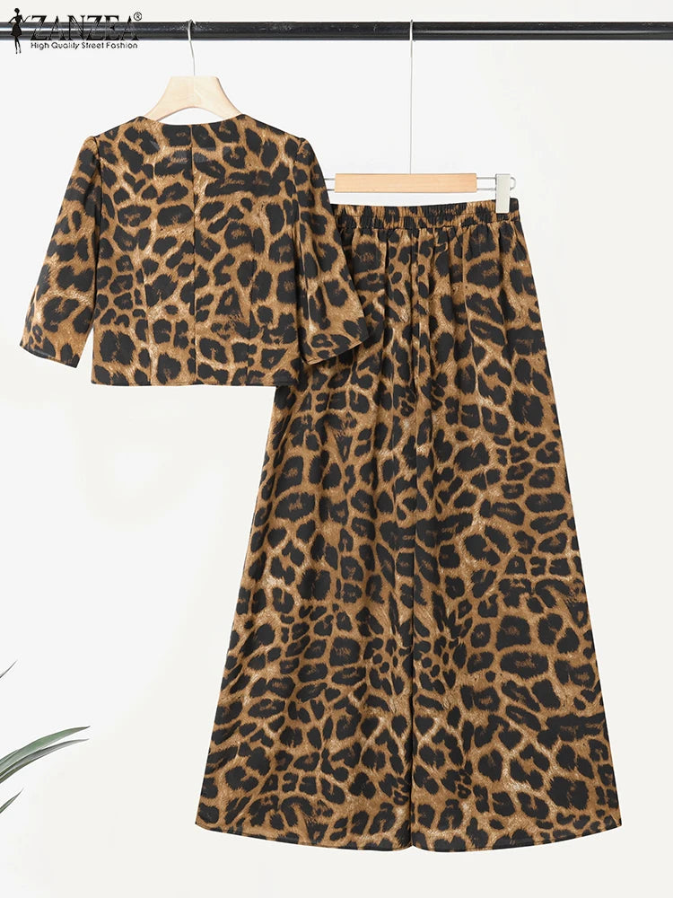 Leopard Print Puff Sleeve Pants Set