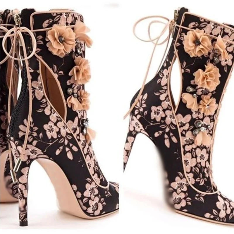 Black Floral Lace Up Pointed Toe Ankle Boots For Women