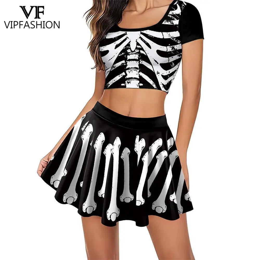 Gothic Skeleton Print Two Piece Costume Set for Women