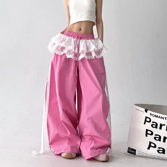 2025 New High-end Spliced lace Skirt Y2K Sports Shopping Casual Pants for Women Niche Design Contrasting Color Loose Trousers