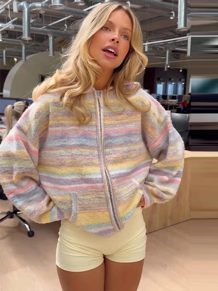 Colorful Rainbow Stripe Hooded Knit Cardigan for Women