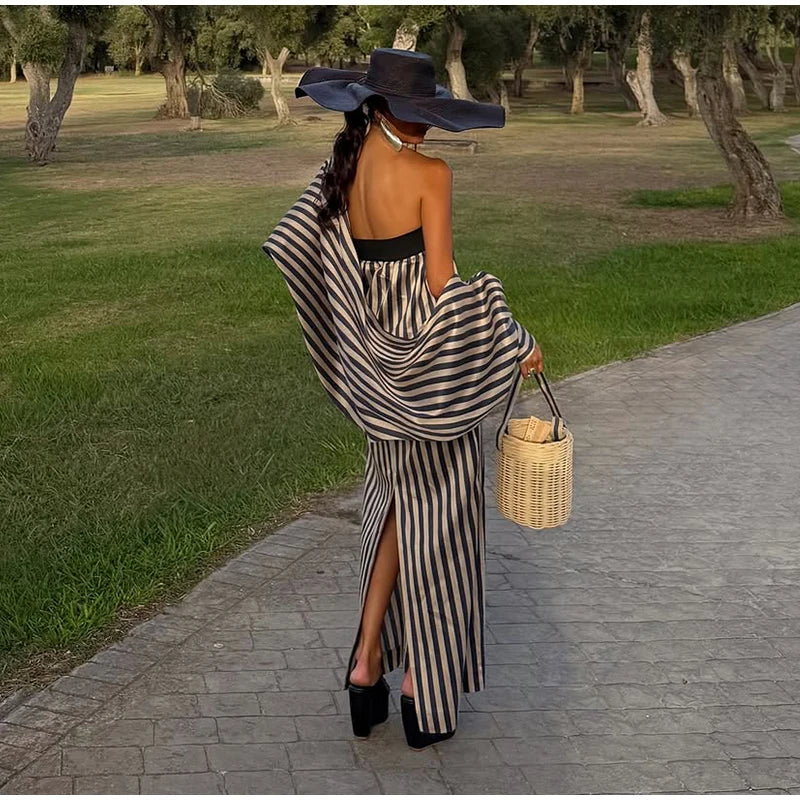 Striped Strapless Maxi Dress Set With Detachable Shawl for Women