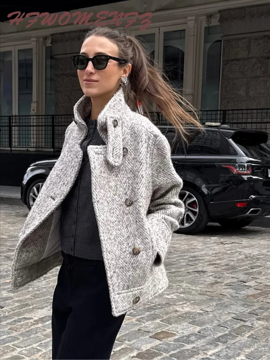 Elegant Print Stand Collar Tailored Long Coat for Women