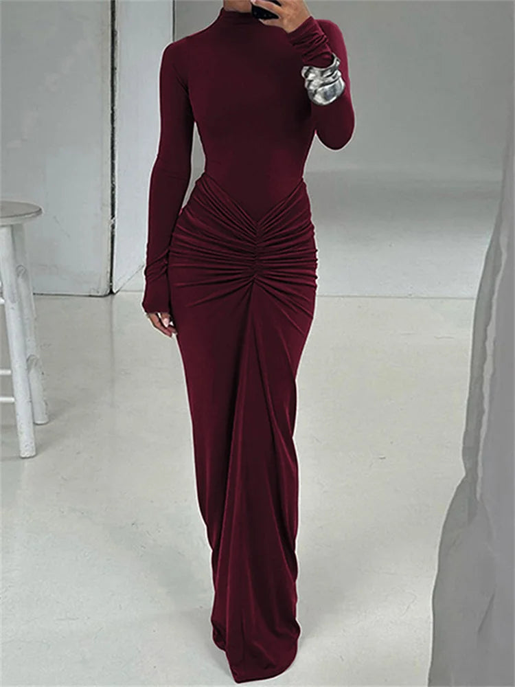 Shirred High Neck Long Sleeve Maxi Dress for Women