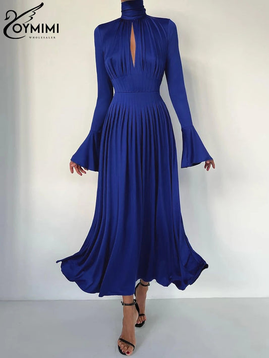 Oymimi Sexy Slim Blue Knitted Women'S Dress Fashion Turtleneck Long Sleeve Ankle Length Dress Elegant Pleated Hollow Out Dress