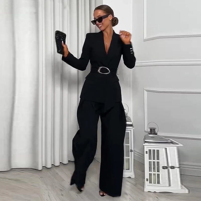 Elegant Solid Two Piece Blazer Pants Set for Women