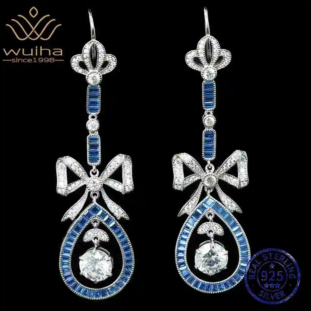 WUIHA Vintage 925 Sterling Silver Lab Sapphire High Carbon Diamonds Wedding Engagement Drop Dangle Bowknot Earrings Fine Jewelry