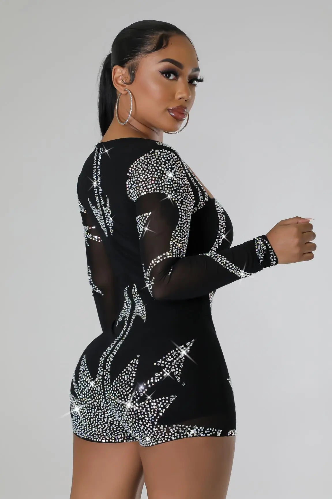 Rhinestone Mesh V Neck Long Sleeve Jumpsuit For Women