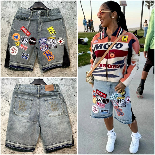 American Patchwork Embroidered Denim Shorts Y2K Jeans Mens Womens Hip Hop Washed Baggy Shorts Low Waist Over The Knee Pants