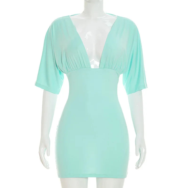 Blue V-Neck Short Sleeve Stretch Mini Dress for Women