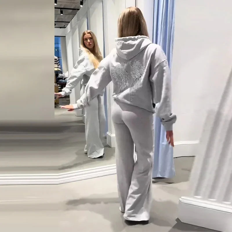 Sequin Wing Design Hooded Sweatshirt Pants Set For Women