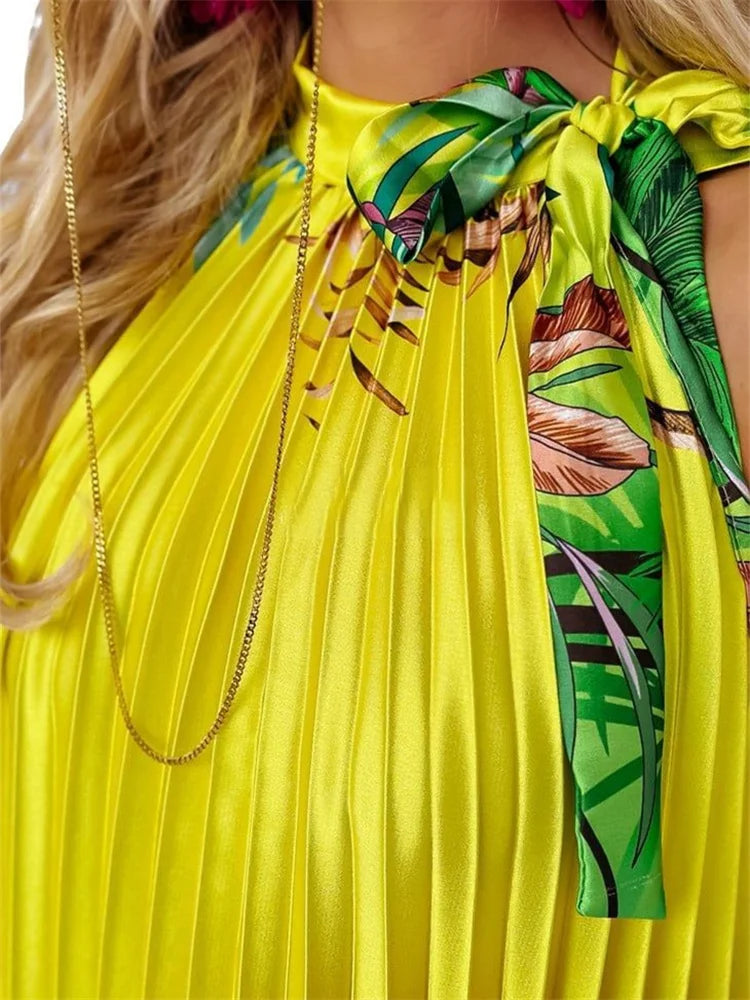 Wmstar Women Dress Lady Casual Loose Halter Pleated Maxi Fashion Leaf Print Sleeveless Beach Boho Elegant Halter Long Dresses