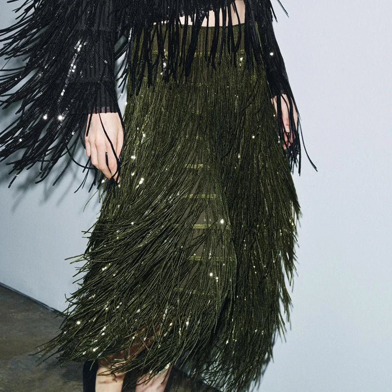 Fashion Lapel Button Shirt & Fringed Skirt Set Women Casual Long Sleeve Party Skirt Outfits Elegant Sequined Long Skirt 2Pc Suit