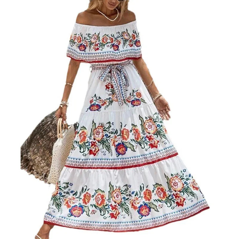 Floral Print Off Shoulder High Waist Dress for Women
