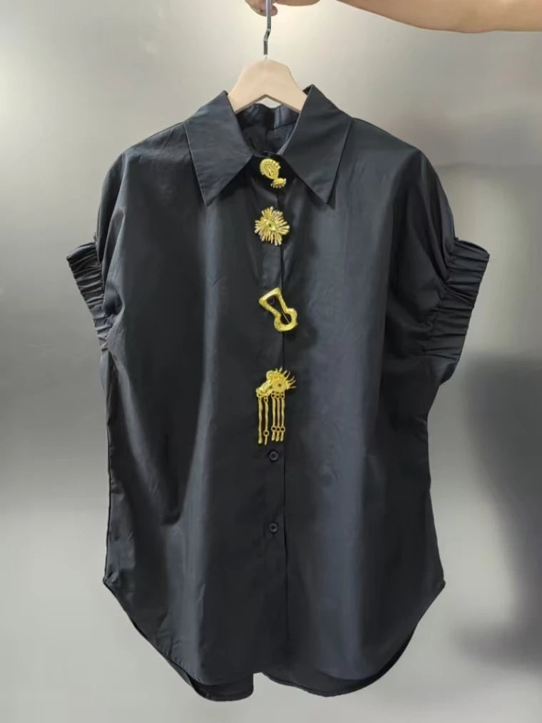 Removable Sequins Short Sleeve Blouse Black White for Women