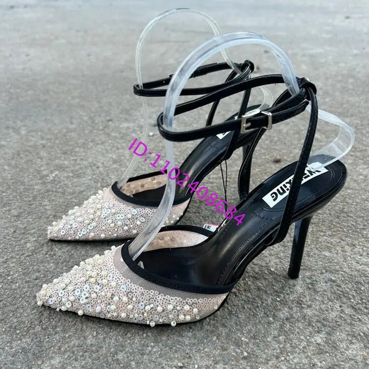 Elegant Glitter Beaded Slingback High Heel Sandals for Women