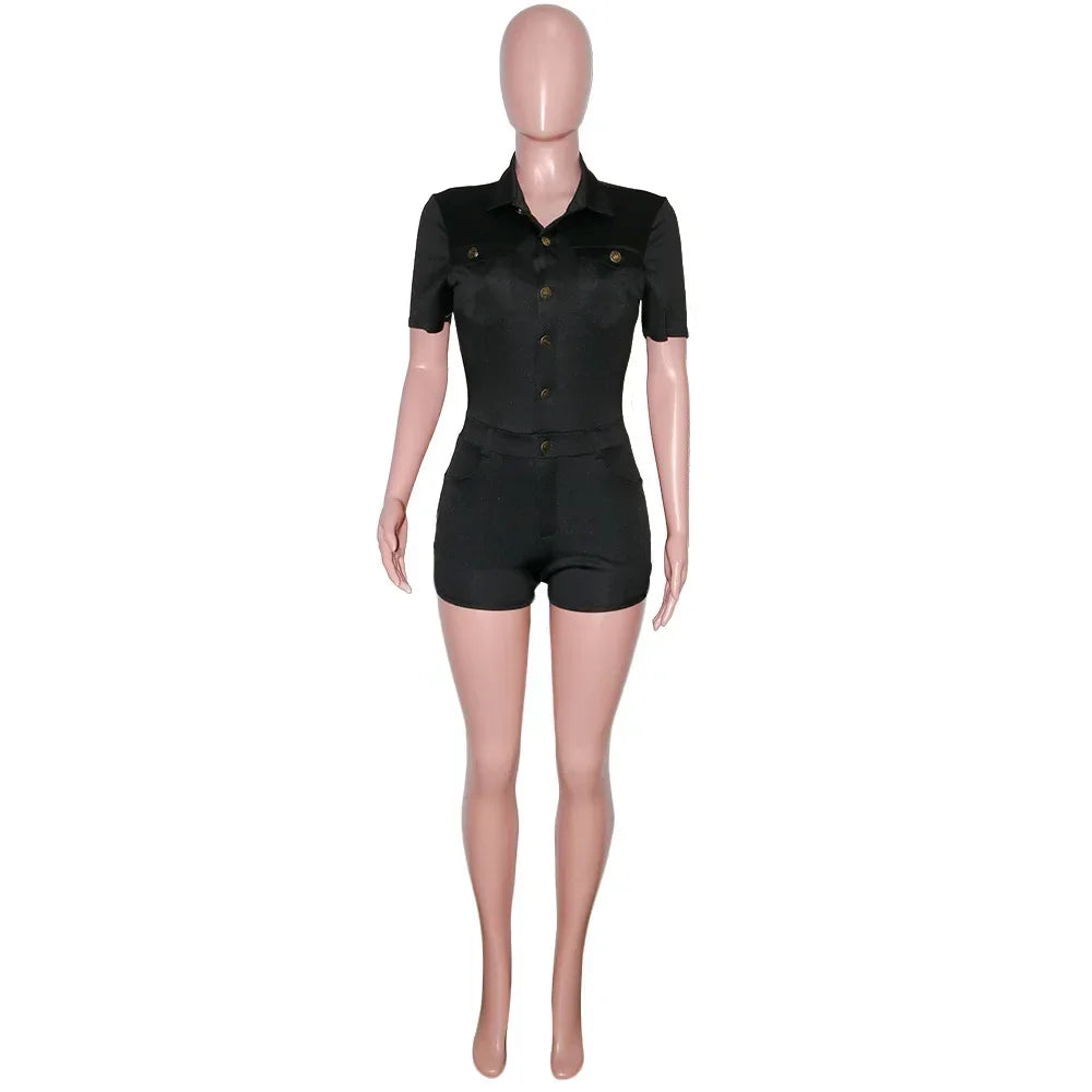 Summer V Neck Mesh Cargo Short Jumpsuit for Women