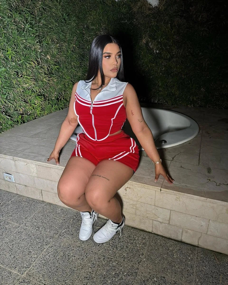 FAGADOER Casual Stripe Patchwork 2 Pieces Set for Woman Sleeveless Zipper Top and Pockets Shorts Outfits Female Sportywear New