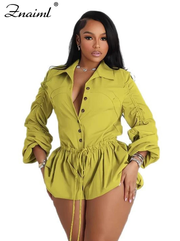 Znaiml Fashion Rompers Cargo Pants Playsuits Women Gray Turn Down Collar Long Sleeve Single Breasted Shorts Jumpsuits Streetwear