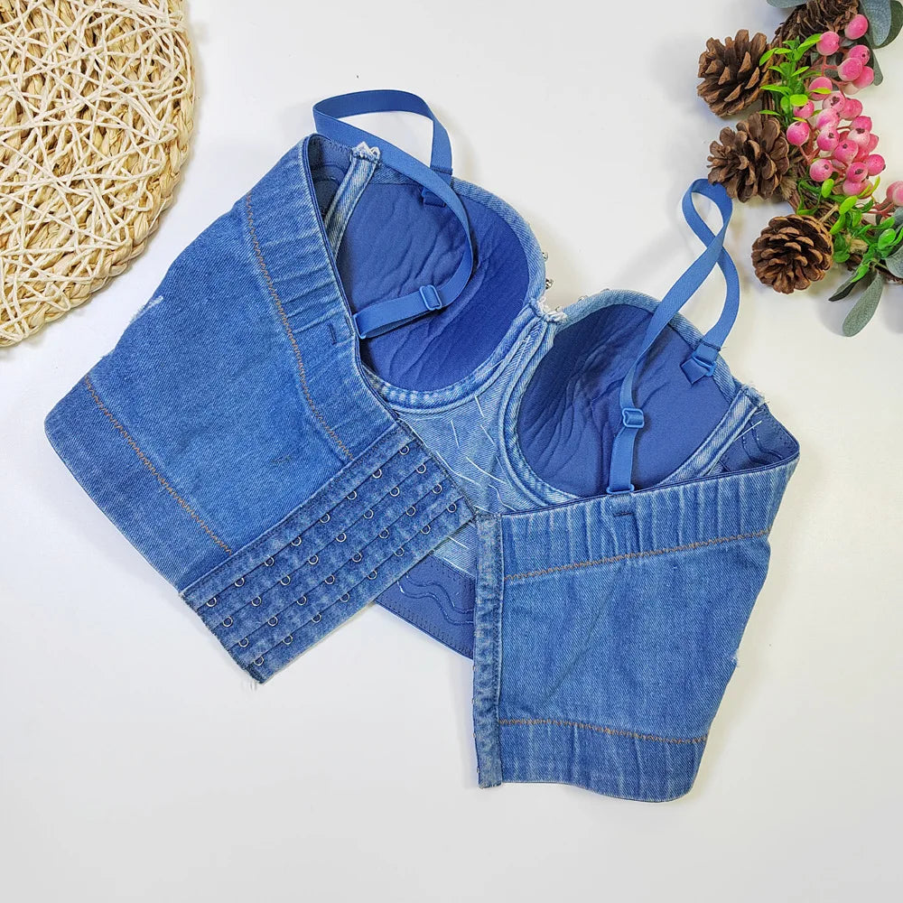 Denim Rhinestone Beaded Spaghetti Strap Bustier for Women