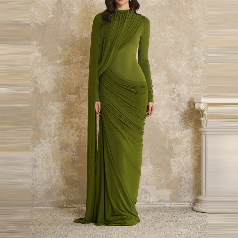 Women's Casual Long Sleeve Ribbon Gowns Elegant Round Neck Slim Evening Dress 2026 Fashion Pleated Design Solid Color Long Dress