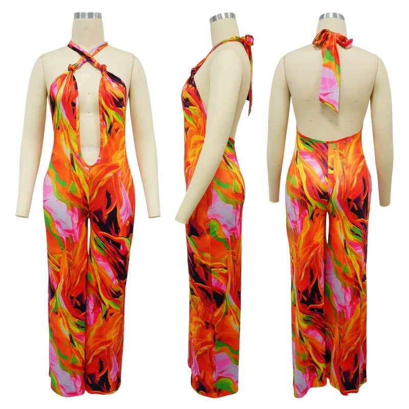 Bohemian Print Halter Neck Backless Wide Leg Jumpsuit for Women
