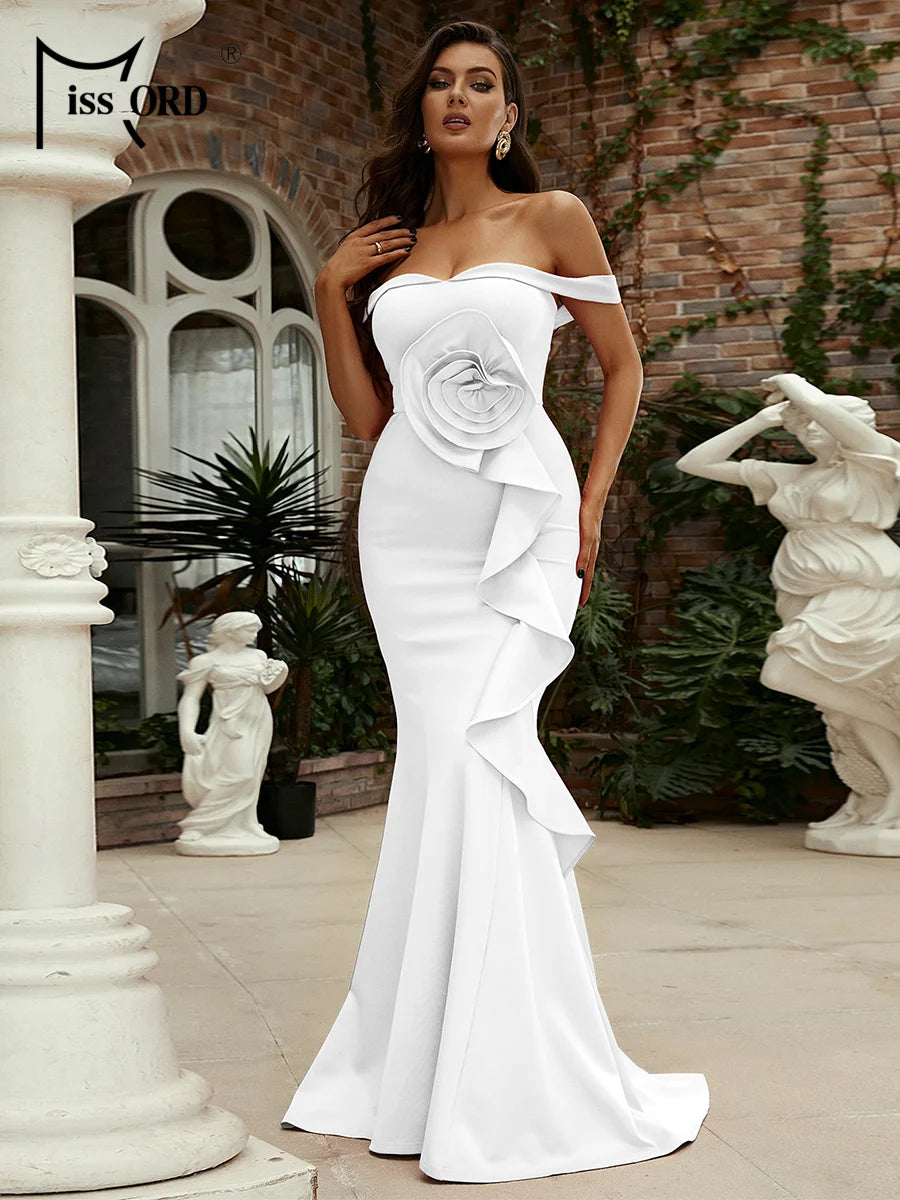 Missord New Off Shoulder Red Chic Elegant Mermaid Asymmetrical Evening Gown Floral Wedding Birthday Party Cocktail Maxi Dress