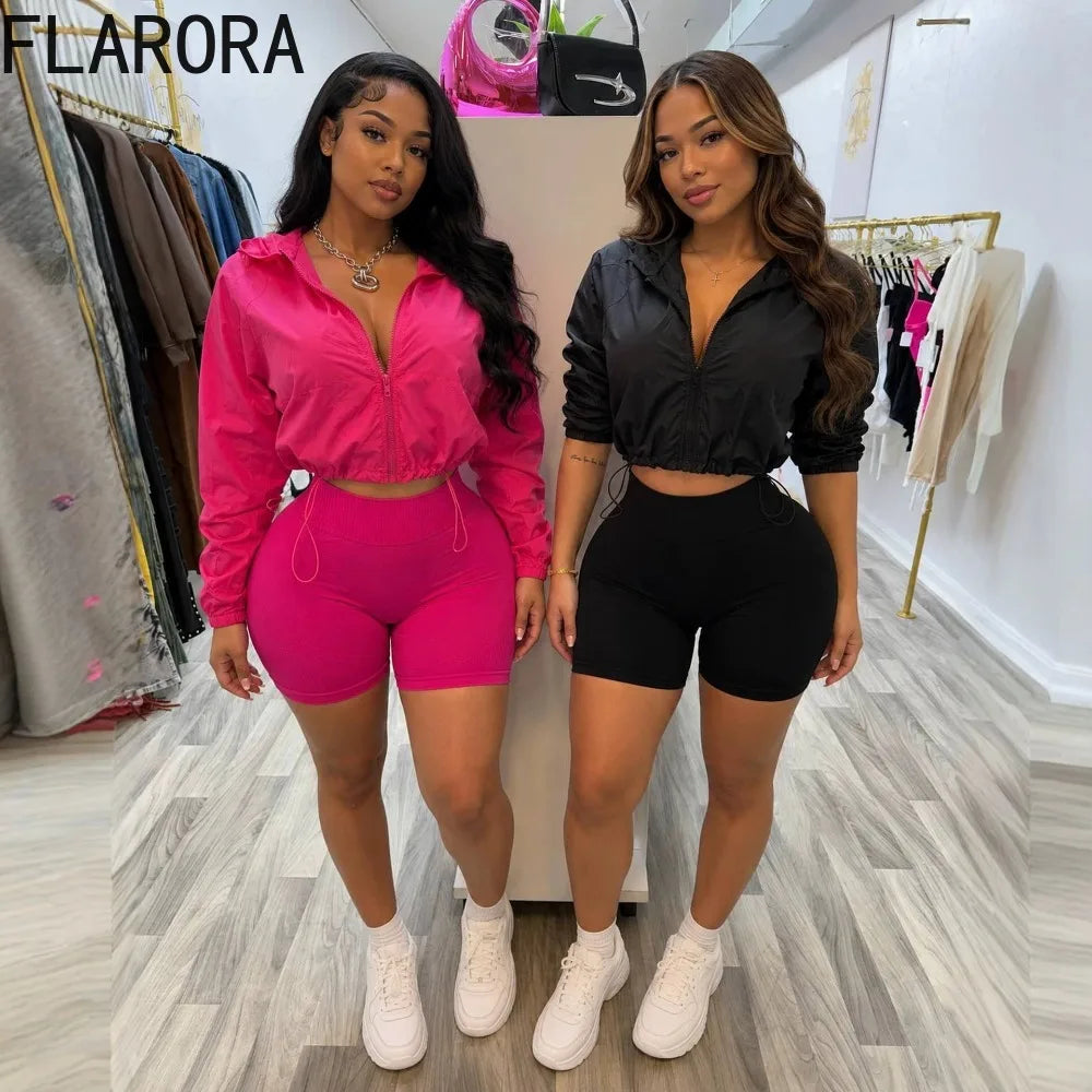 Hooded Zip Crop Jacket And Skinny Shorts Set for Women