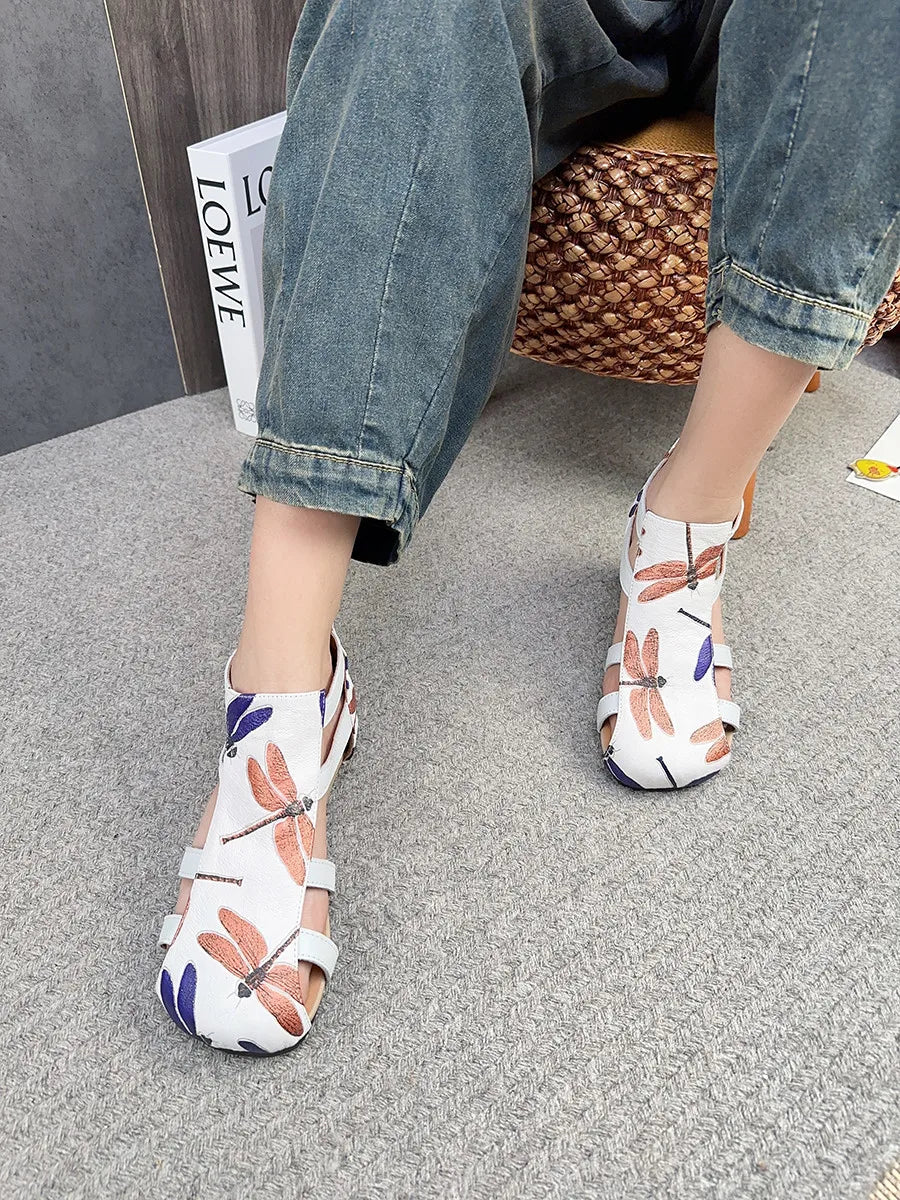 Flat Printed Genuine Leather Roman Sandals for Women
