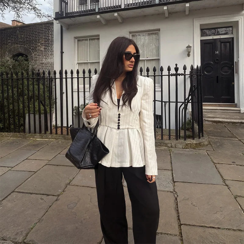 Casual Striped V Neck Ruffle Two Piece Set for Women