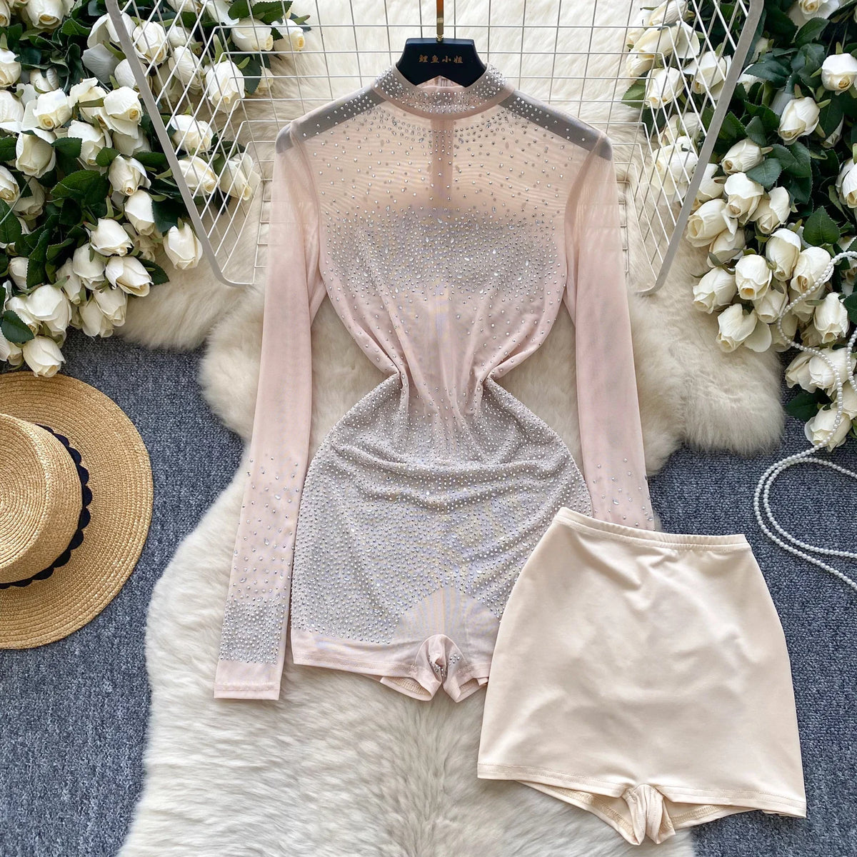 Sheer Long Sleeve Zipper Mesh Romper With Shorts for Women