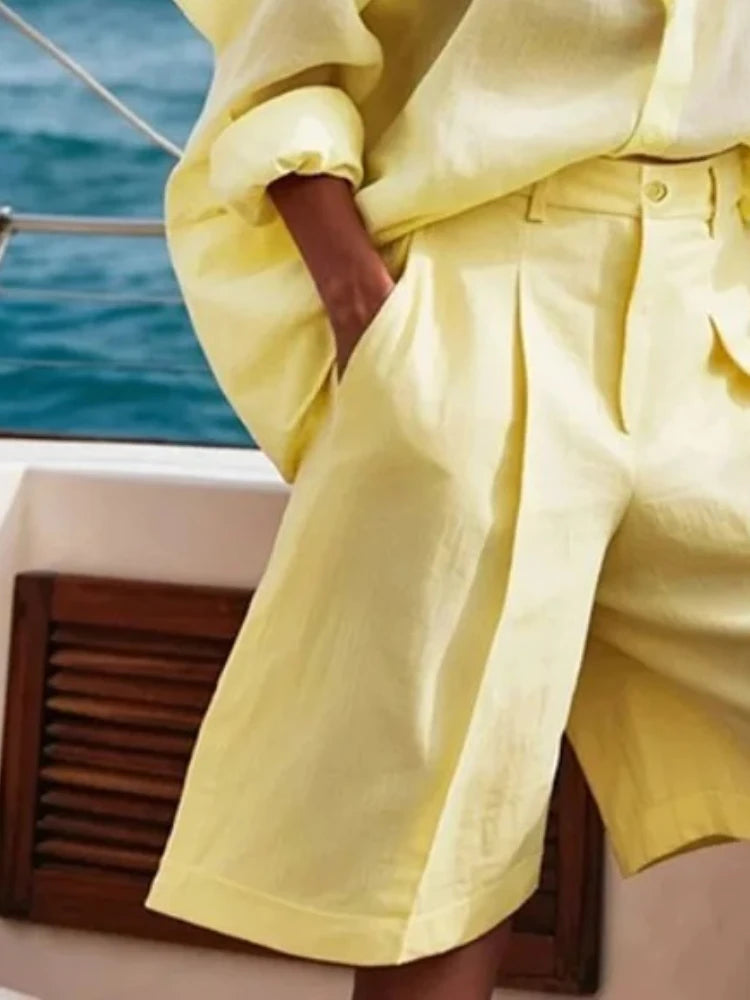 Beautyblue Casual Shorts for Women Cotton Linen Wide Leg Shorts New Fashion Loose High Waisted Pleated Elegant Yellow Half Pants