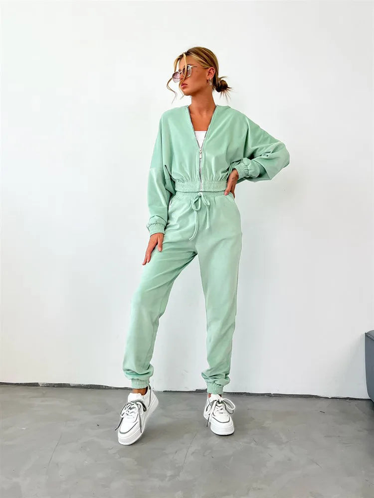 Hooded Zipper Hoodie and Trouser Tracksuit Set for Women