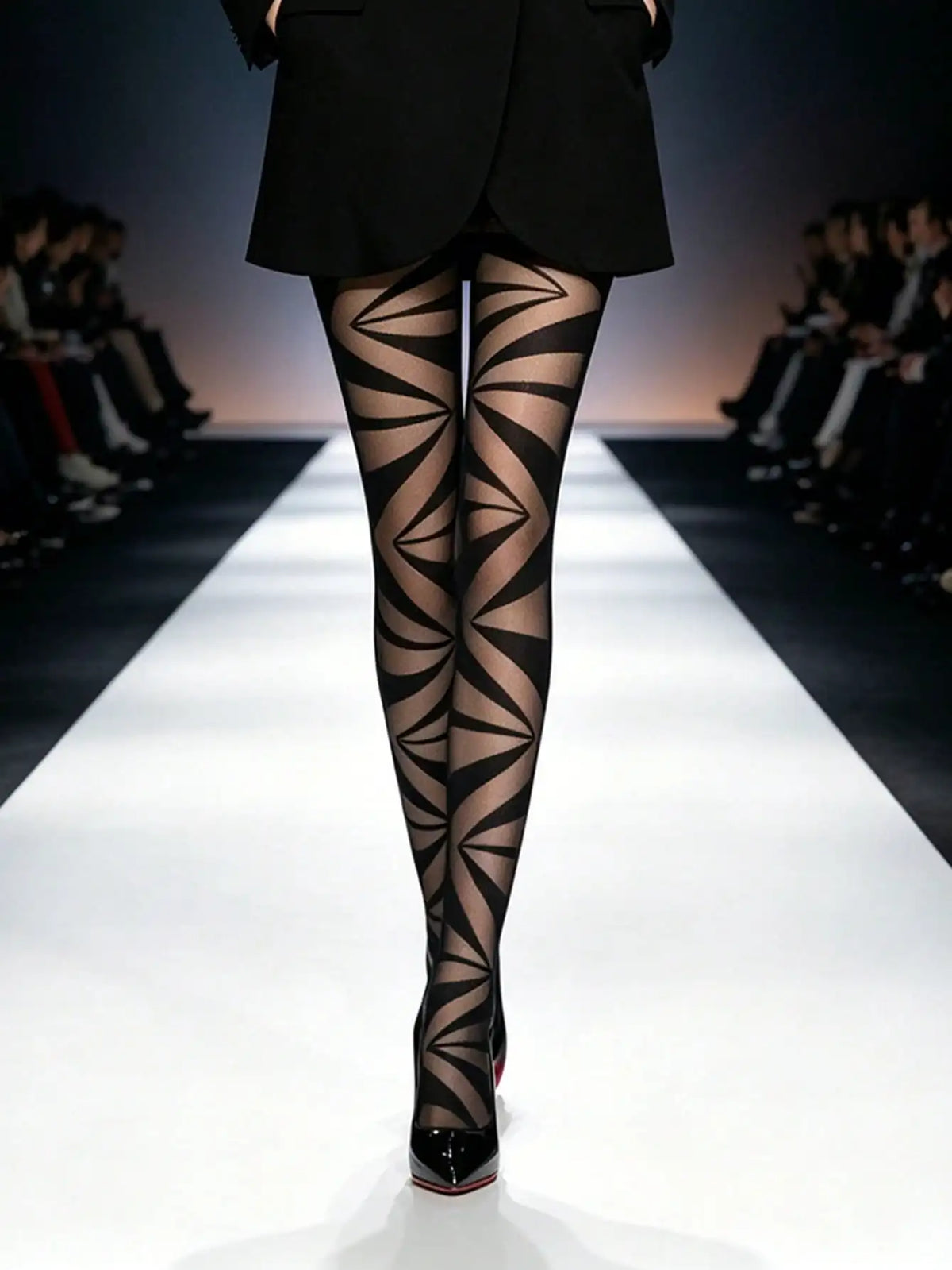 Glossy Geometric Print Sheer Black Tights for Women