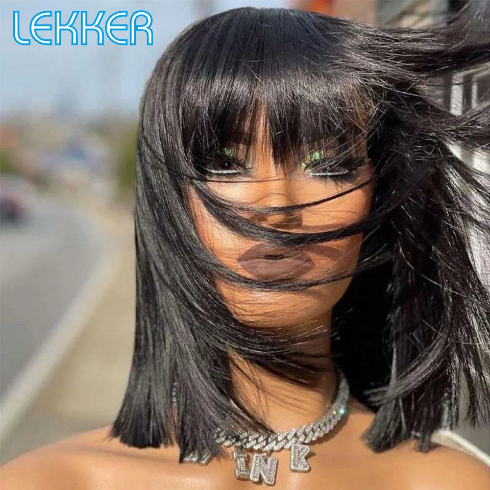 Short Brown Pixie Bob Human Hair Wig With Bangs for Women