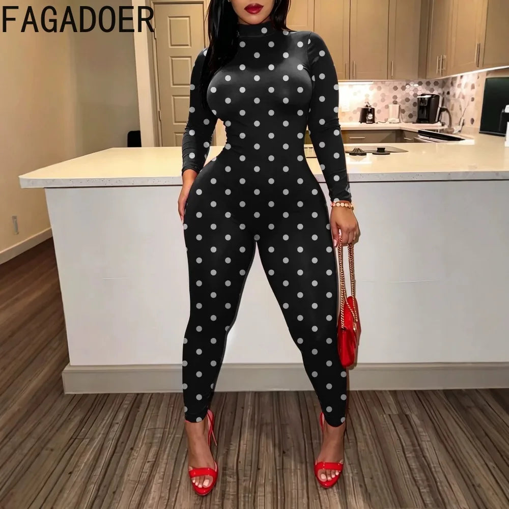 Polka Dot High Neck Long Sleeve Jumpsuit for Women