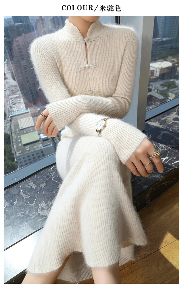 Stand Collar Ankle Length Fishtail Knit Dress for Women
