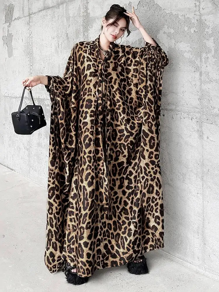 Leopard Print V-Neck Long Sleeve Midi Dress for Women