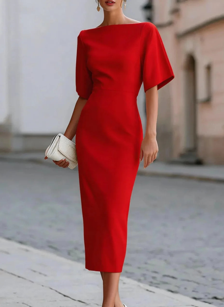 Elegant Office Midi Dress With Short Sleeves For Women