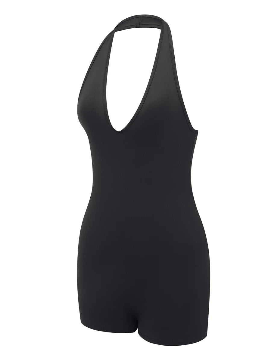 Solid Color Halter Neck Backless Bodysuit for Women