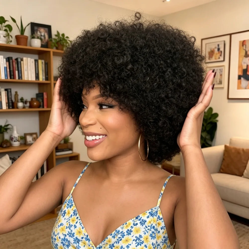 Natural Black Short Afro Kinky Curly Remy Human Hair Wig for Women