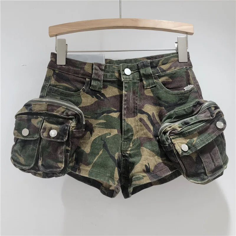 ANJY Summer New Women American Retro Streetwear Camouflage Three-dimensional Pocket Cargo Jeans Casual Trendy Denim Shorts A7672