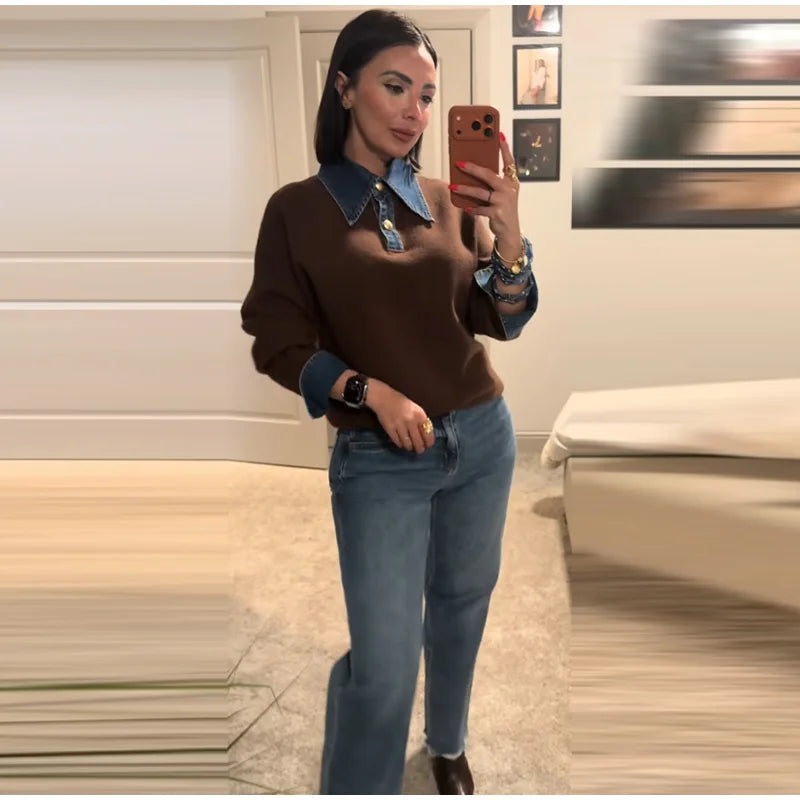 Long Sleeve Denim Collar Half Button Knit Top For Women