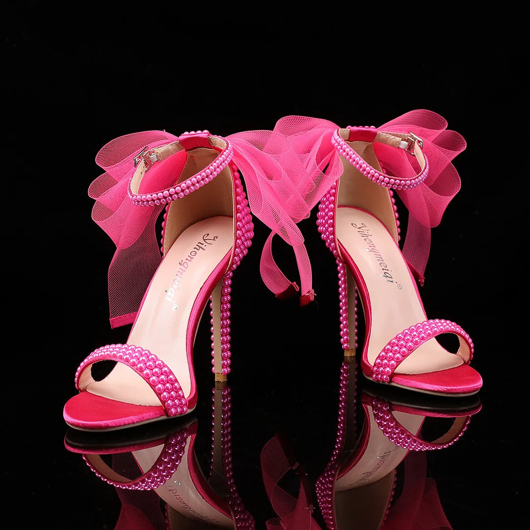 Elegant Pearl Beaded Mesh Bowknot Sandals for Women