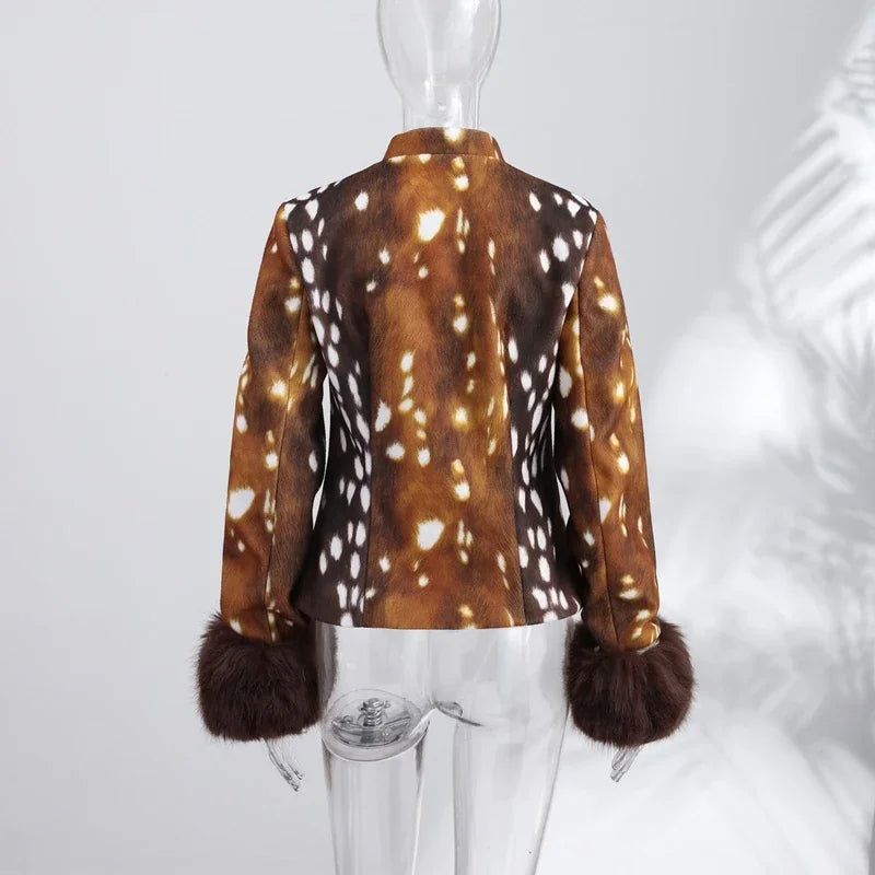 Fitted Vintage Leopard Patchwork Faux Fur Coat for Women