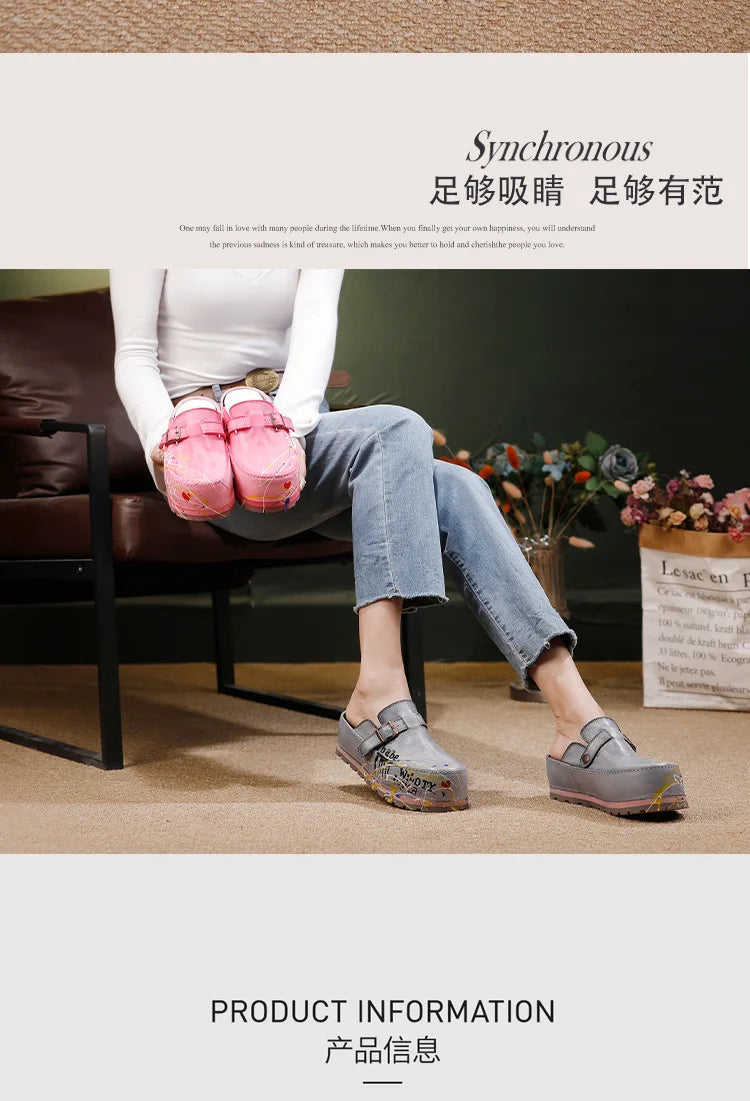 Hand Drawn Leather Platform Slippers with Round Toe for Women