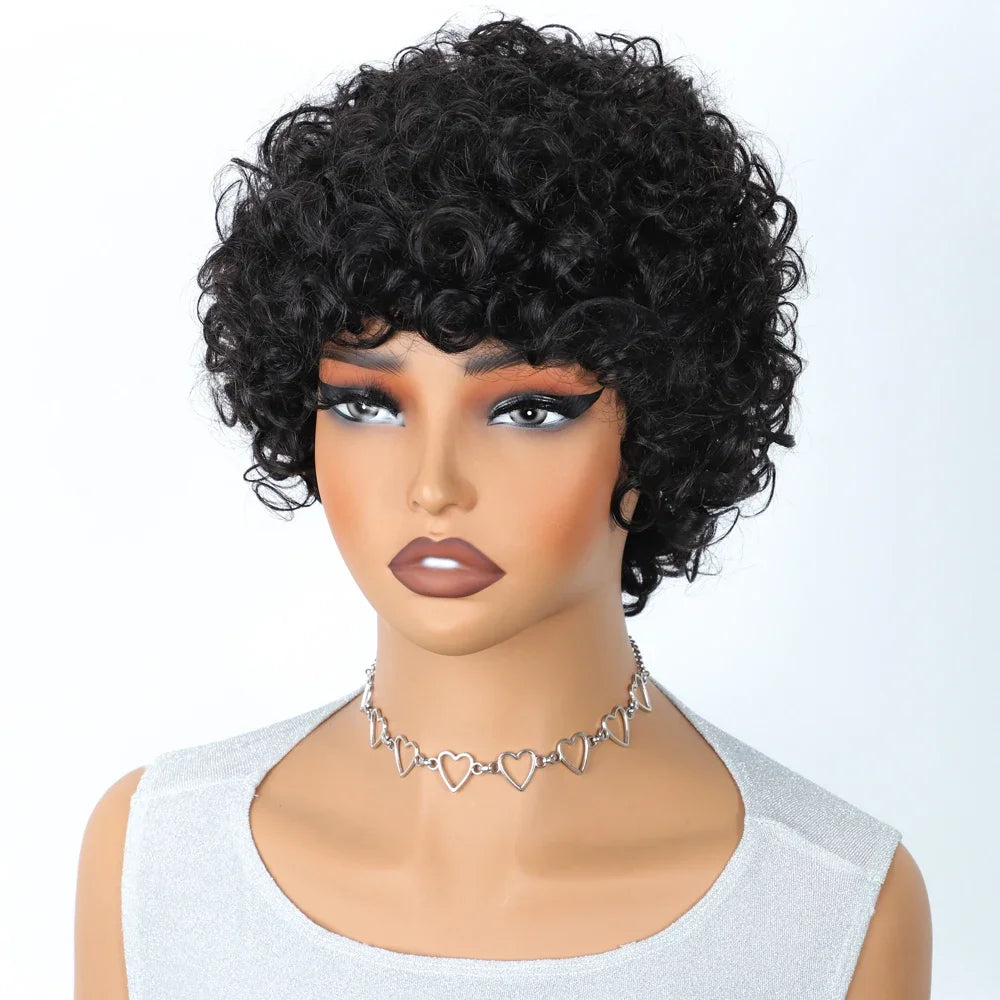 Short Kinky Curly Pixie Bob Human Hair Wig for Women