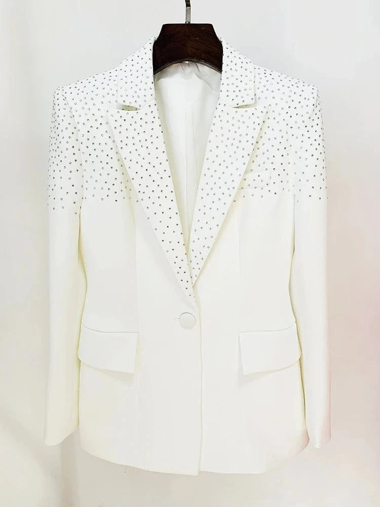 HIGH STREET 2024 New Designer Runway Suit Set Women's Slim Fit Single Button Rhinestone Diamonds Beaded Blazer Skirt Suit 2pcs